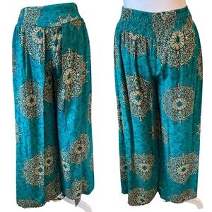 Elegant Teal Palazzo Women's Pants Boho Floral Print